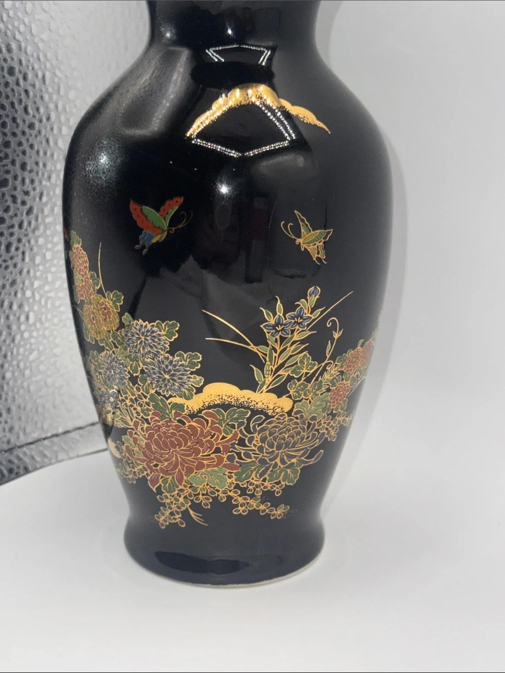 Japanese Black Ceramic Fine Art Vase featuring detailed multi-color floral VTG